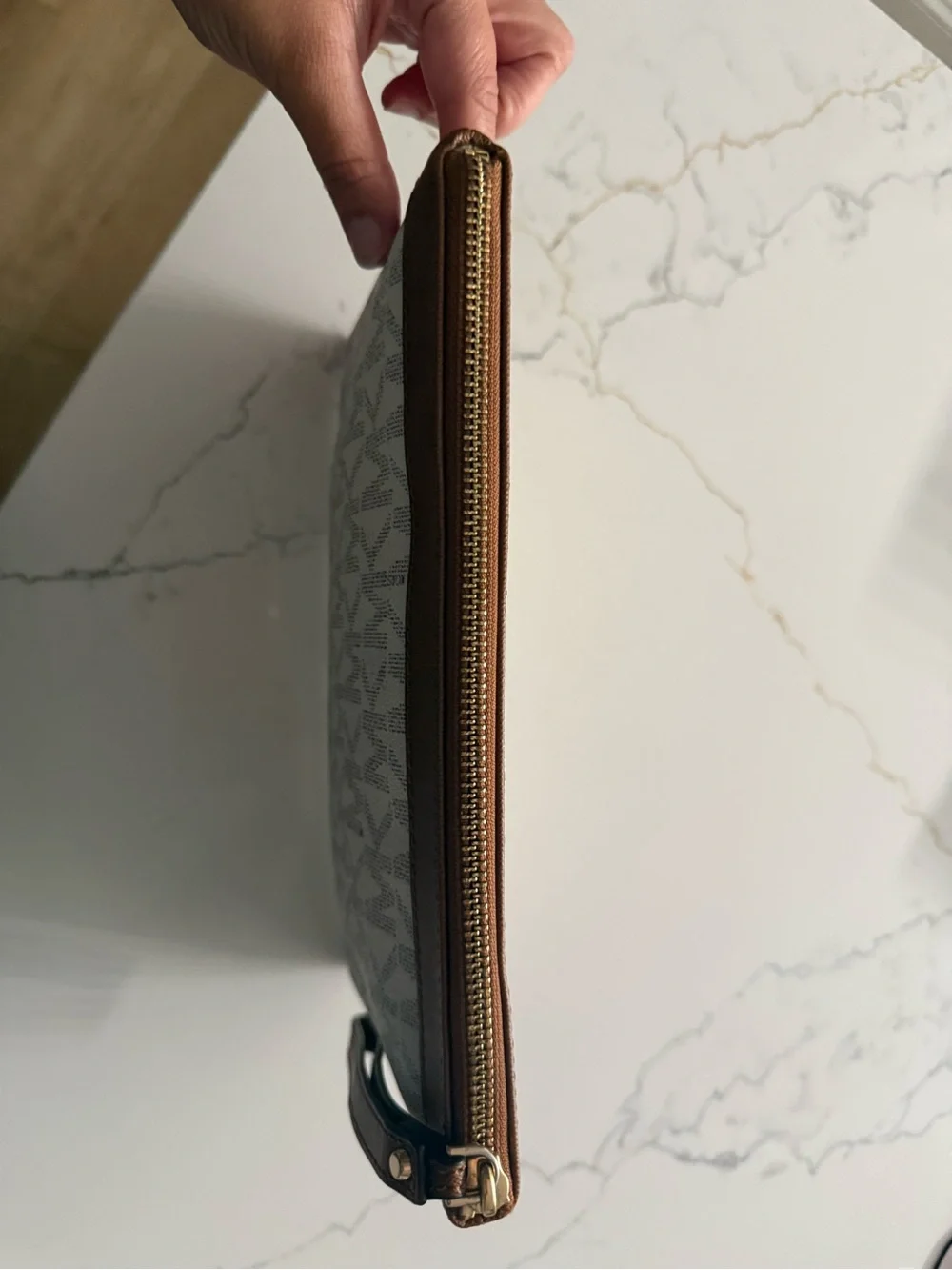 Michael Kors Beige MK Monogram clutch/wristlet with Brown Trim